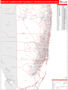 Miami-Fort Lauderdale-West Palm Beach Metro Area Digital Map Red Line Style